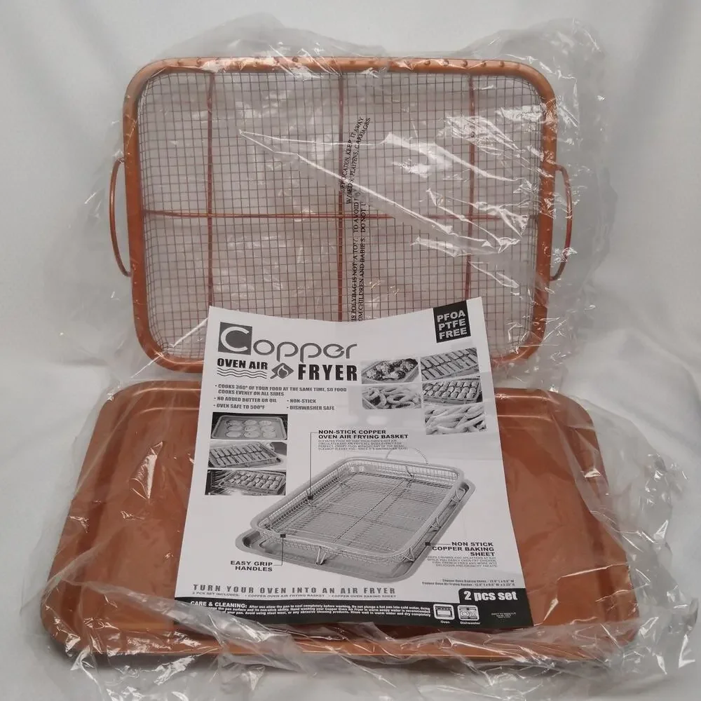Copper Oven Air Fryer Crisper Basket Tray 2 Piece Set Non Stick New Box